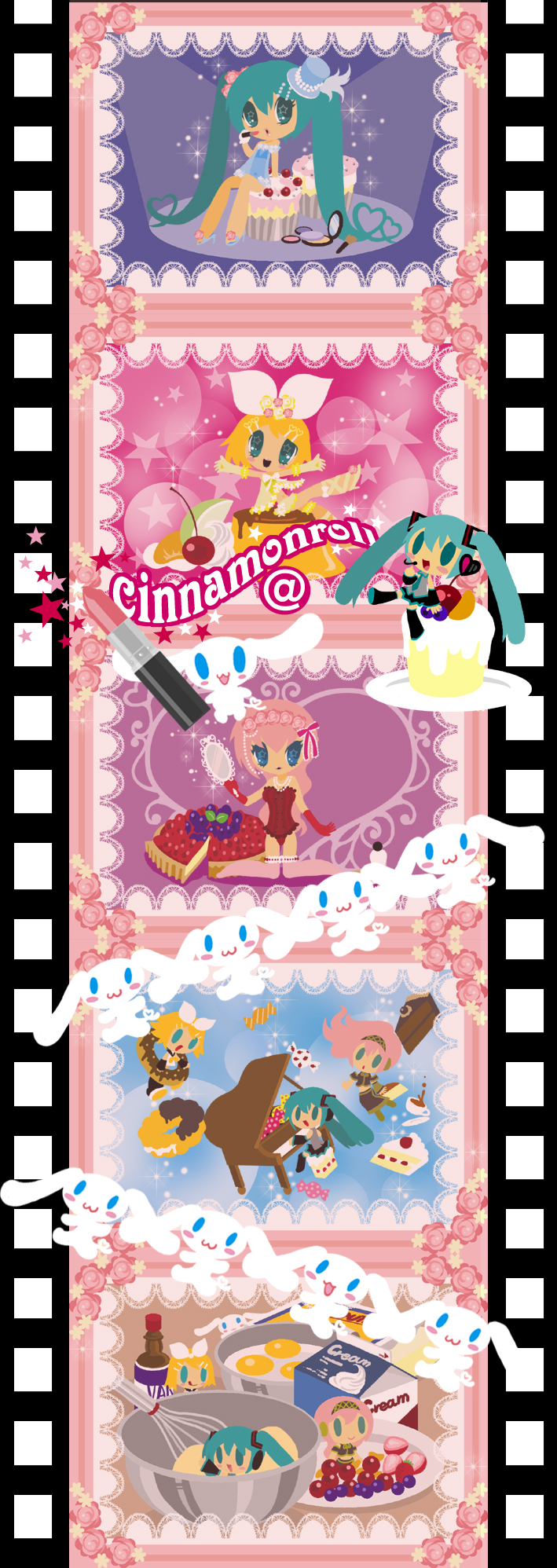 hatsune miku, kagamine rin, megurine luka, and cinnamoroll (vocaloid and 3 more) drawn by kaorin_minogue