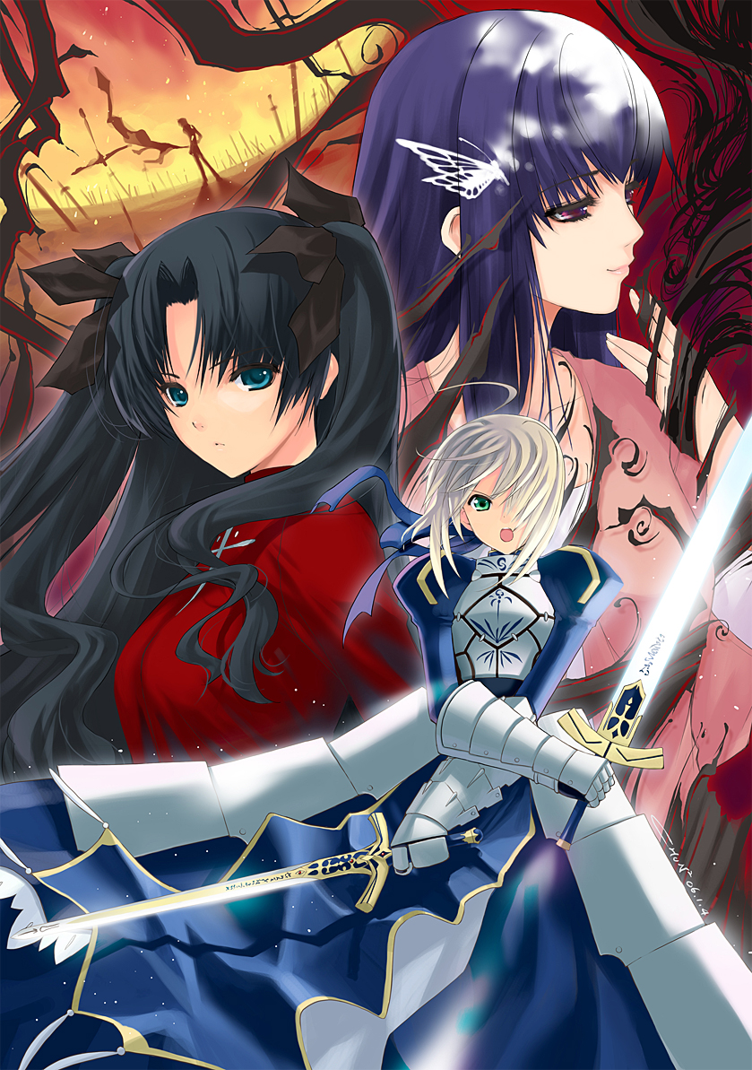 artoria pendragon, saber, tohsaka rin, emiya shirou, matou sakura, and 1 more (fate and 1 more) drawn by chun_(friendly_sky)