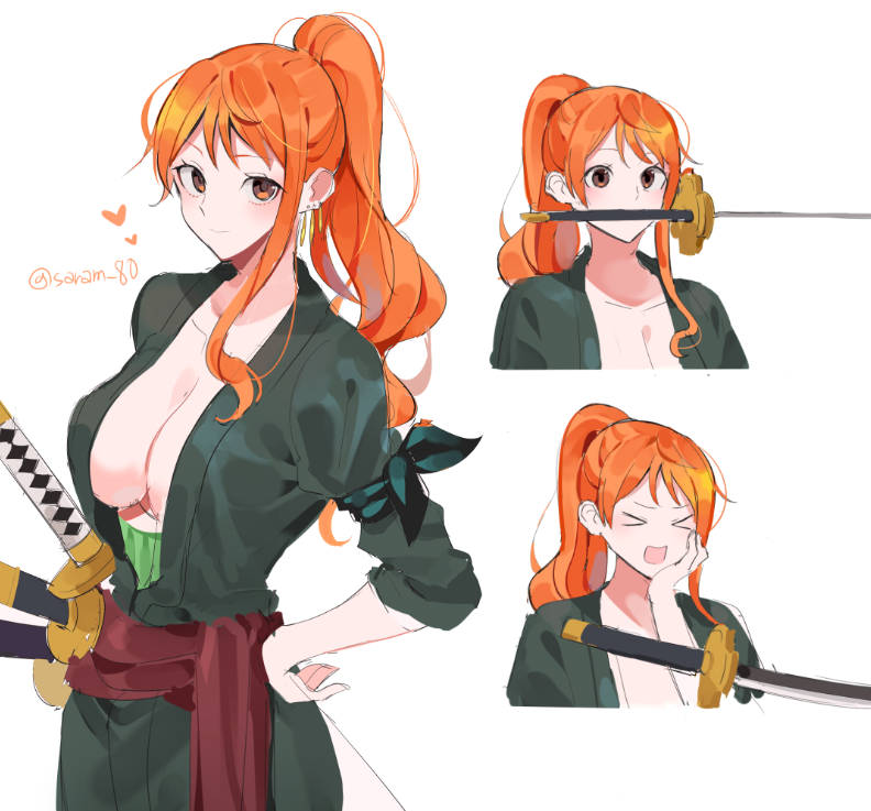 nami and roronoa zoro (one piece) drawn by joman