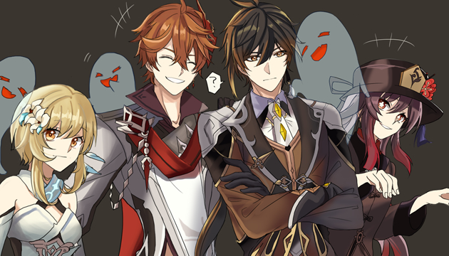 lumine, hu tao, zhongli, tartaglia, and boo tao (genshin impact) drawn by rie_(pixiv66025213)