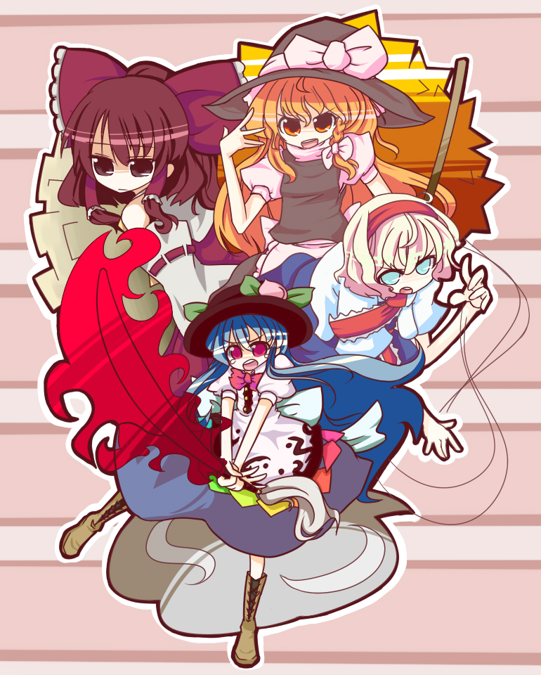hakurei reimu, kirisame marisa, alice margatroid, and hinanawi tenshi (touhou) drawn by monomi_(nasdai)