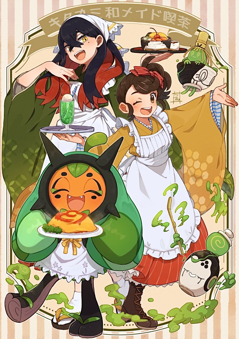 juliana, carmine, ogerpon, sinistcha, and poltchageist (pokemon and 1 more) drawn by aoya_(ayoyame18)