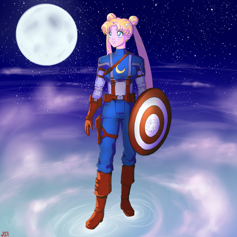 tsukino usagi, sailor moon, steve rogers, and captain america (marvel and 4 more) drawn by jei-shepard
