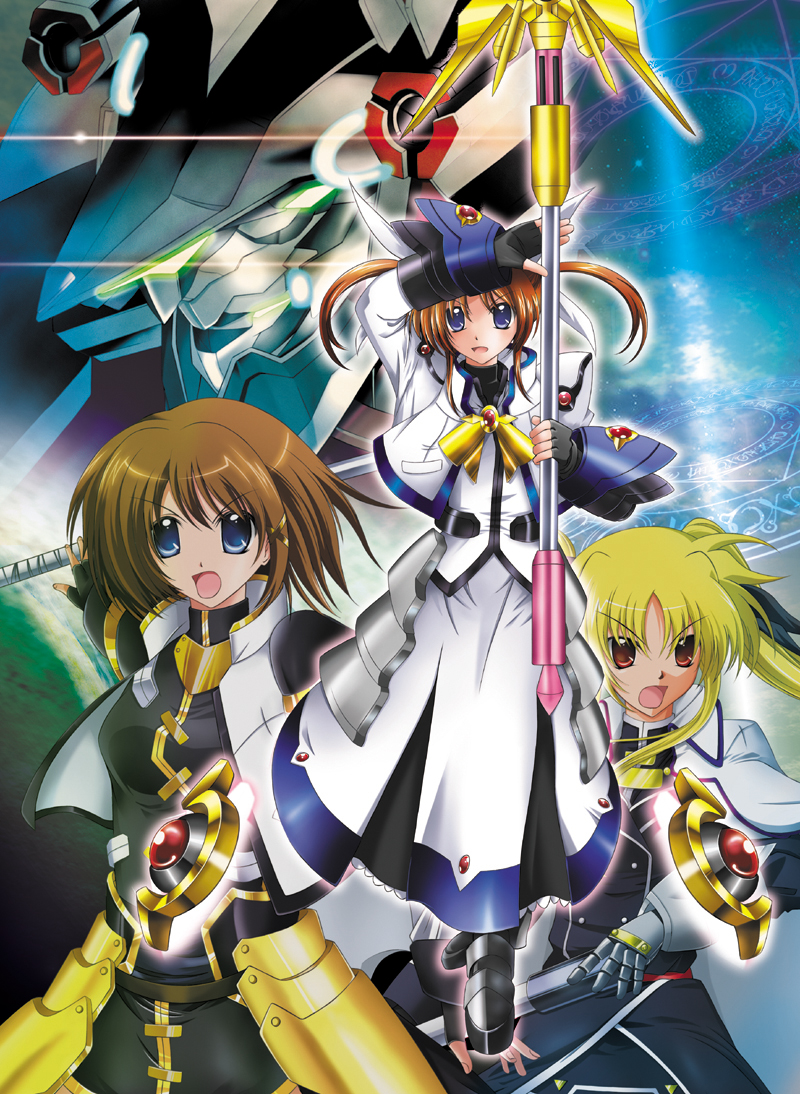 fate testarossa, takamachi nanoha, yagami hayate, raising heart, bardiche, and 1 more (lyrical nanoha and 4 more) drawn by kagura_yuuto