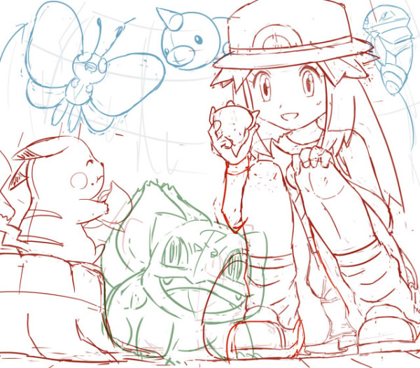 pikachu, leaf, bulbasaur, butterfree, weedle, and 1 more (pokemon and 1 more) drawn by pokemoa