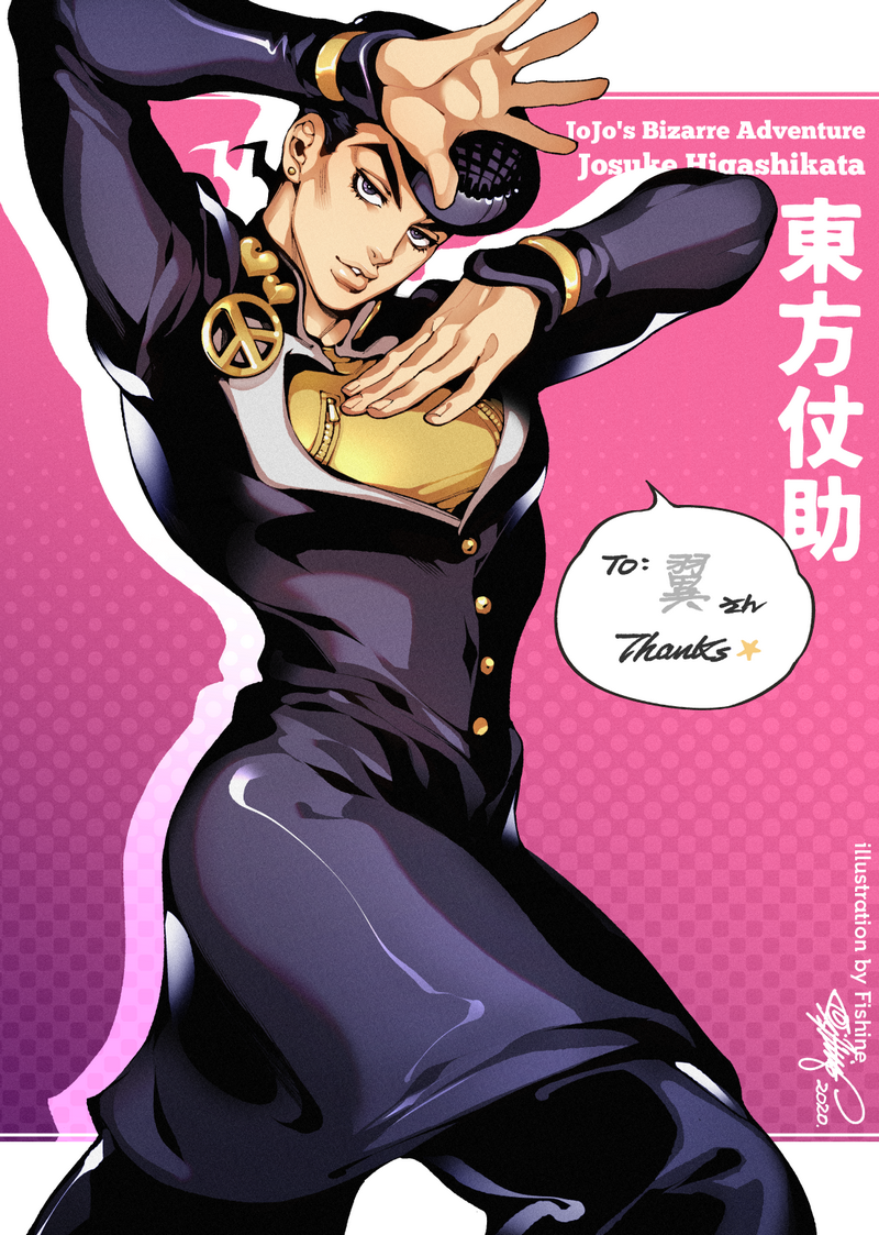 higashikata josuke (jojo no kimyou na bouken and 1 more) drawn by fishine