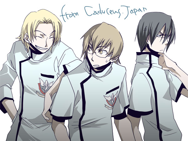 tsukimori kousuke, aragaki shuuya, and sakura tougo (chou shittou caduceus) drawn by mudo_(saji)