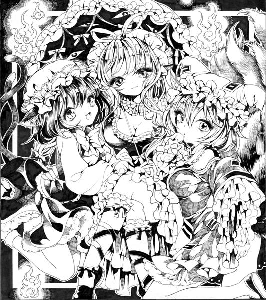 yakumo yukari, yakumo ran, and chen (touhou) drawn by yayoi_(yayoi250)