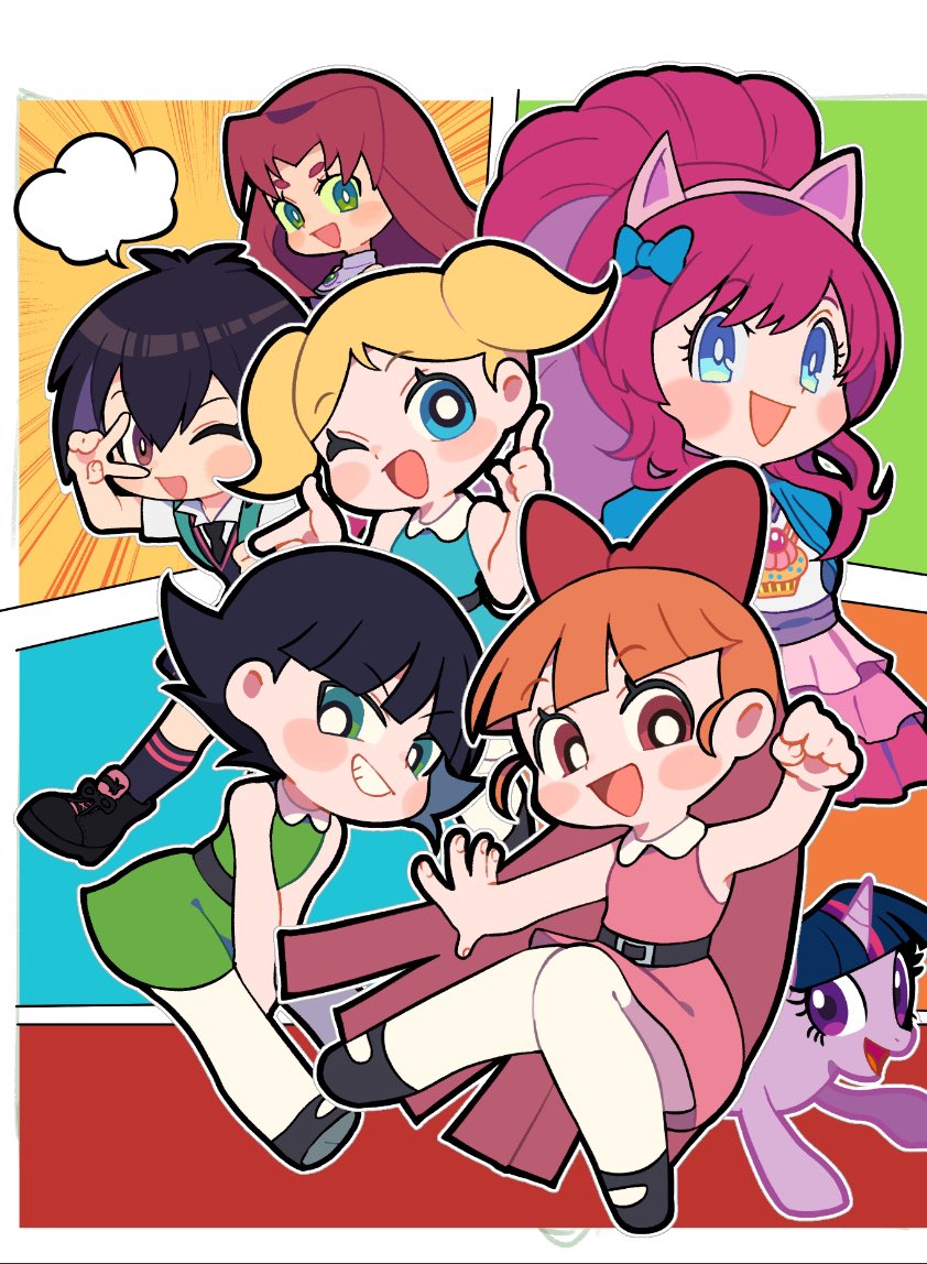 peni parker, starfire, twilight sparkle, buttercup, pinkie pie, and 2 more (marvel and 8 more) drawn by miyata_(lhr)
