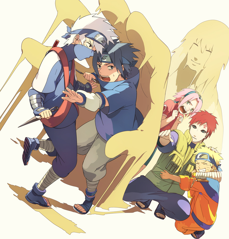 haruno sakura, uzumaki naruto, uchiha sasuke, hatake kakashi, gaara, and 1 more (naruto) drawn by oba-min
