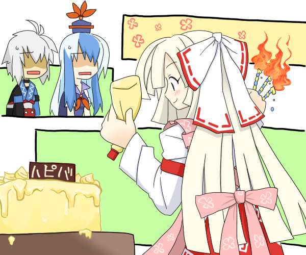 fujiwara no mokou, kamishirasawa keine, and morichika rinnosuke (touhou) drawn by sag_(karehabase)