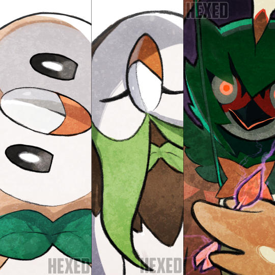 rowlet, decidueye, and dartrix (pokemon and 1 more) drawn by rae_(hexedwithluck)