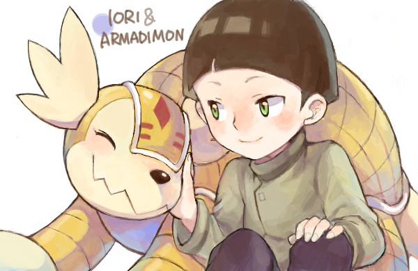 hida iori and armadimon (digimon and 1 more) drawn by ayame_(artist)