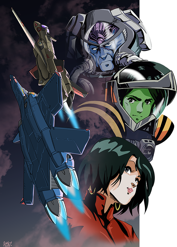 yf-19, isamu dyson, yf-21, guld goa bowman, and myung fang lone (macross and 1 more) drawn by jeff_sorley