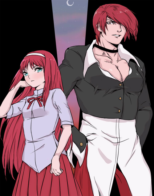 tohno akiha, yagami iori, and vermillion akiha (the king of fighters and 3 more) drawn by koori_(haraiso)