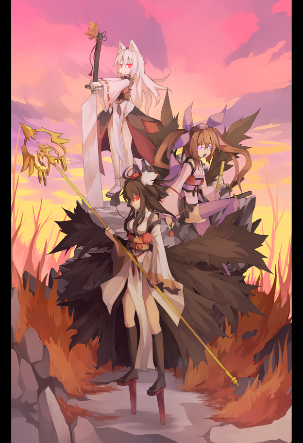 shameimaru aya, inubashiri momiji, and himekaidou hatate (touhou) drawn by arashiya