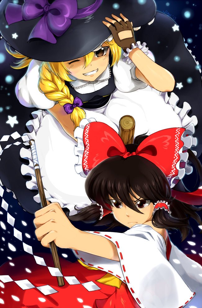 hakurei reimu and kirisame marisa (touhou) drawn by artrica