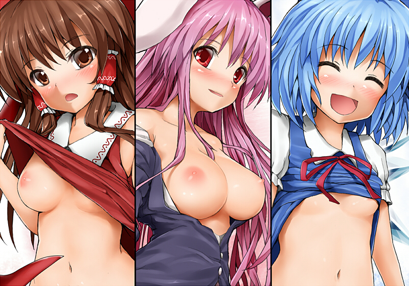 hakurei reimu, cirno, and reisen udongein inaba (touhou) drawn by blastbeat