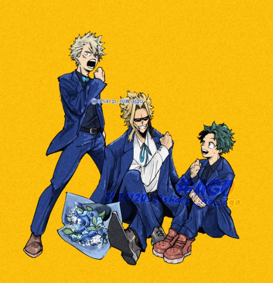 midoriya izuku, bakugou katsuki, and all might (boku no hero academia) drawn by sharp_na_ago
