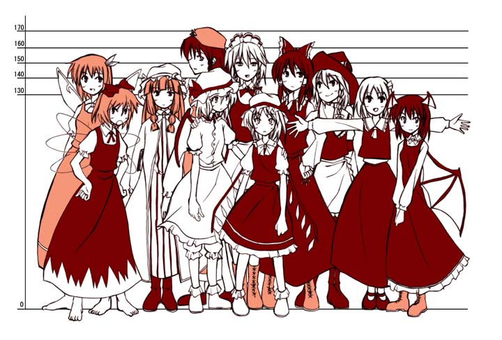 hakurei reimu, kirisame marisa, remilia scarlet, flandre scarlet, izayoi sakuya, and 6 more (touhou and 1 more) drawn by hikawa_shou