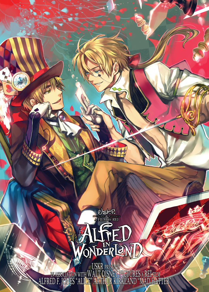 alice, america, united kingdom, and mad hatter (axis powers hetalia and 1 more) drawn by rei_(sanbonzakura)