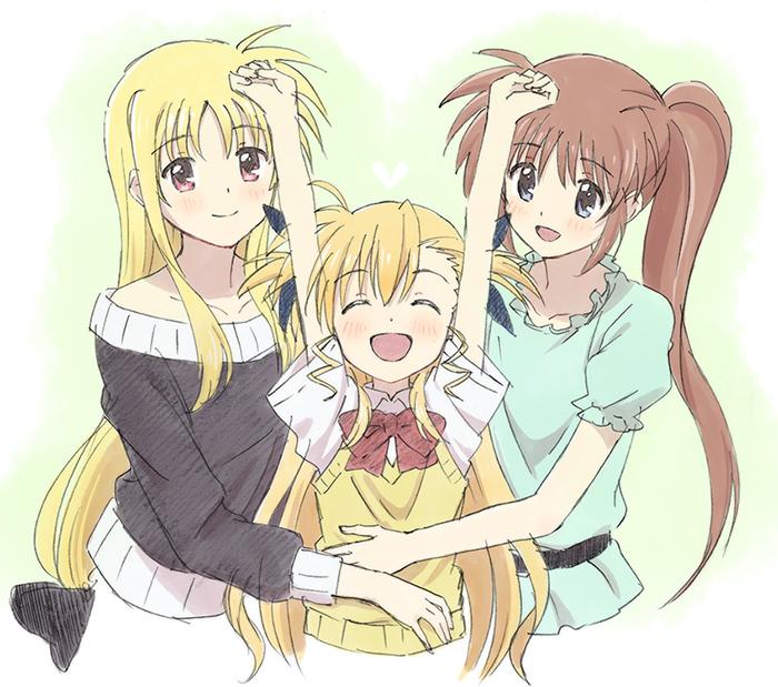 fate testarossa, takamachi nanoha, and vivio (lyrical nanoha and 2 more) drawn by kannari