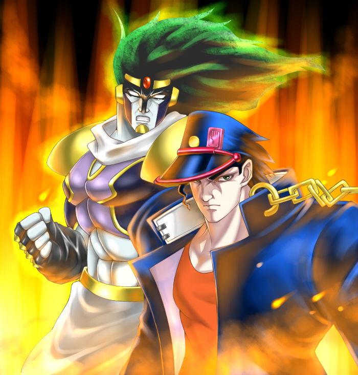 kujo jotaro and star platinum (jojo no kimyou na bouken and 1 more) drawn by takemori_shintarou