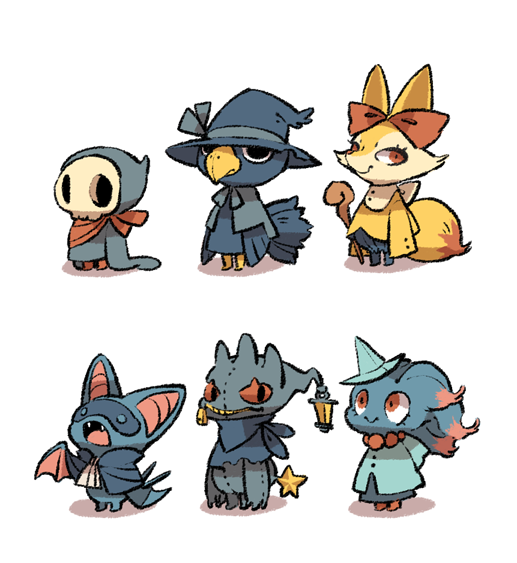 fennekin, banette, misdreavus, murkrow, duskull, and 1 more (pokemon) drawn by luce-in-the-sky