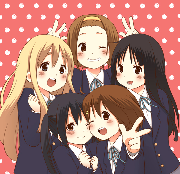 akiyama mio, nakano azusa, hirasawa yui, tainaka ritsu, and kotobuki tsumugi (k-on!) drawn by satake_yukako