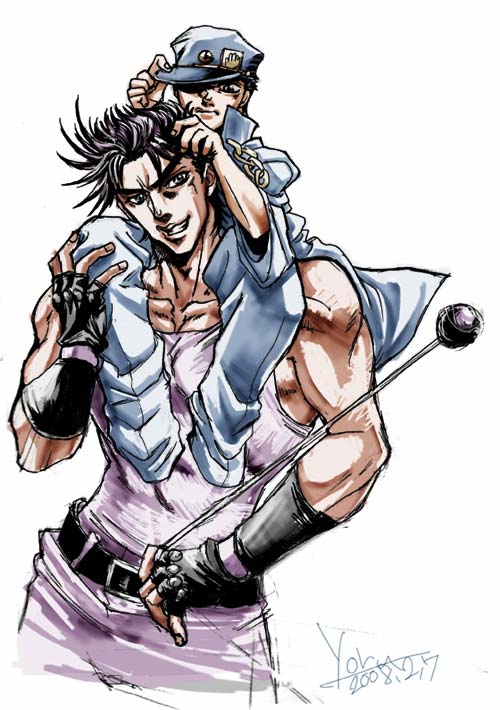 joseph joestar and kujo jotaro (jojo no kimyou na bouken and 2 more) drawn by yoru_awaji