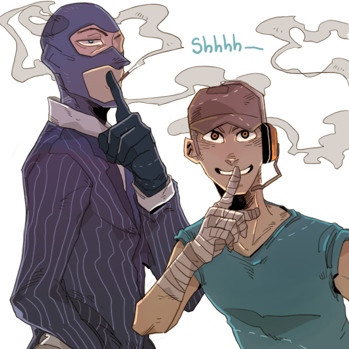 scout, spy, blu spy, and blu scout (team fortress 2) drawn by 22_(tak_ja)