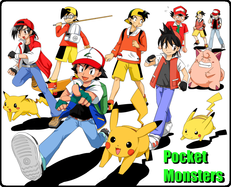 pikachu, ash ketchum, red, ethan, clefairy, and 2 more (pokemon and 5 more) drawn by purin_(pinkcotton)