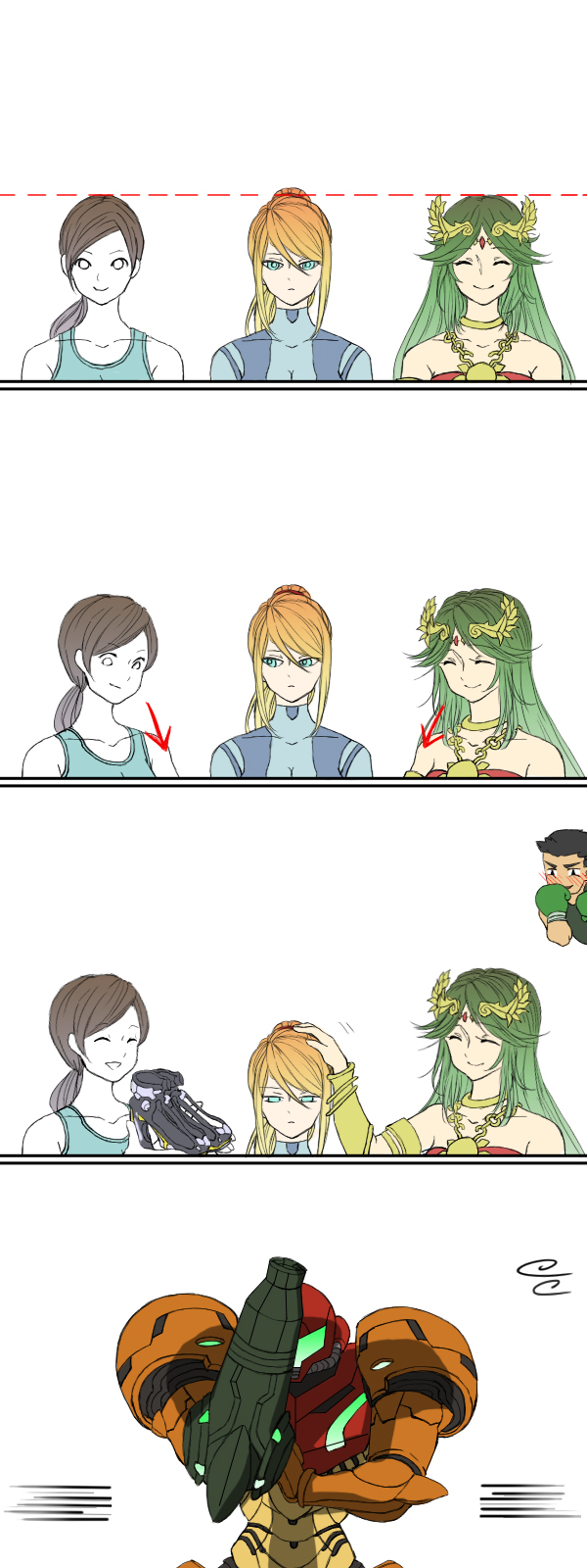 samus aran, palutena, wii fit trainer, and little mac (super smash bros. and 5 more) drawn by motoji_(hamayarawa)