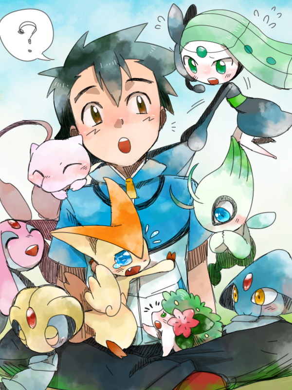ash ketchum, mew, celebi, shaymin, meloetta, and 4 more (pokemon) drawn by gekka_kaede