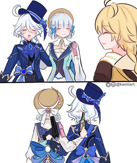 aether, furina, and kamisato ayaka (genshin impact) drawn by kamiiart