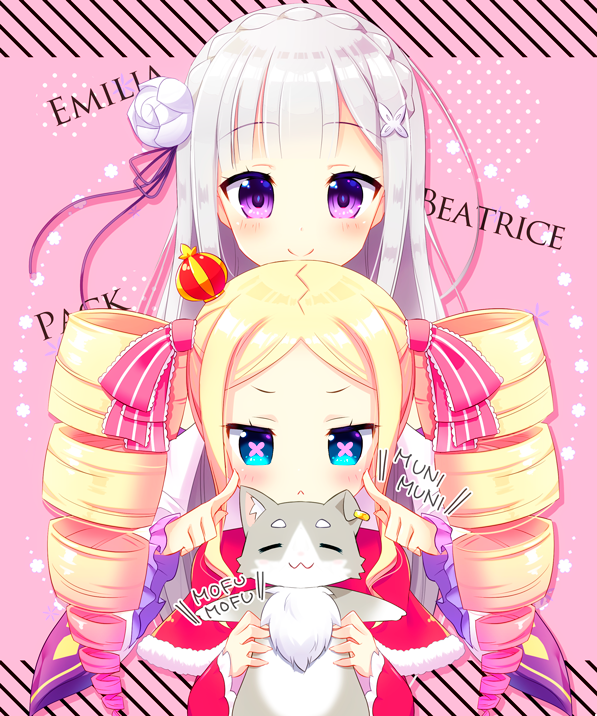 emilia, beatrice, and puck (re:zero kara hajimeru isekai seikatsu) drawn by aoi_yun