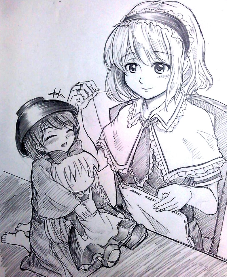 alice margatroid, shanghai doll, and sukuna shinmyoumaru (touhou) drawn by jill_(pixiv5210413)