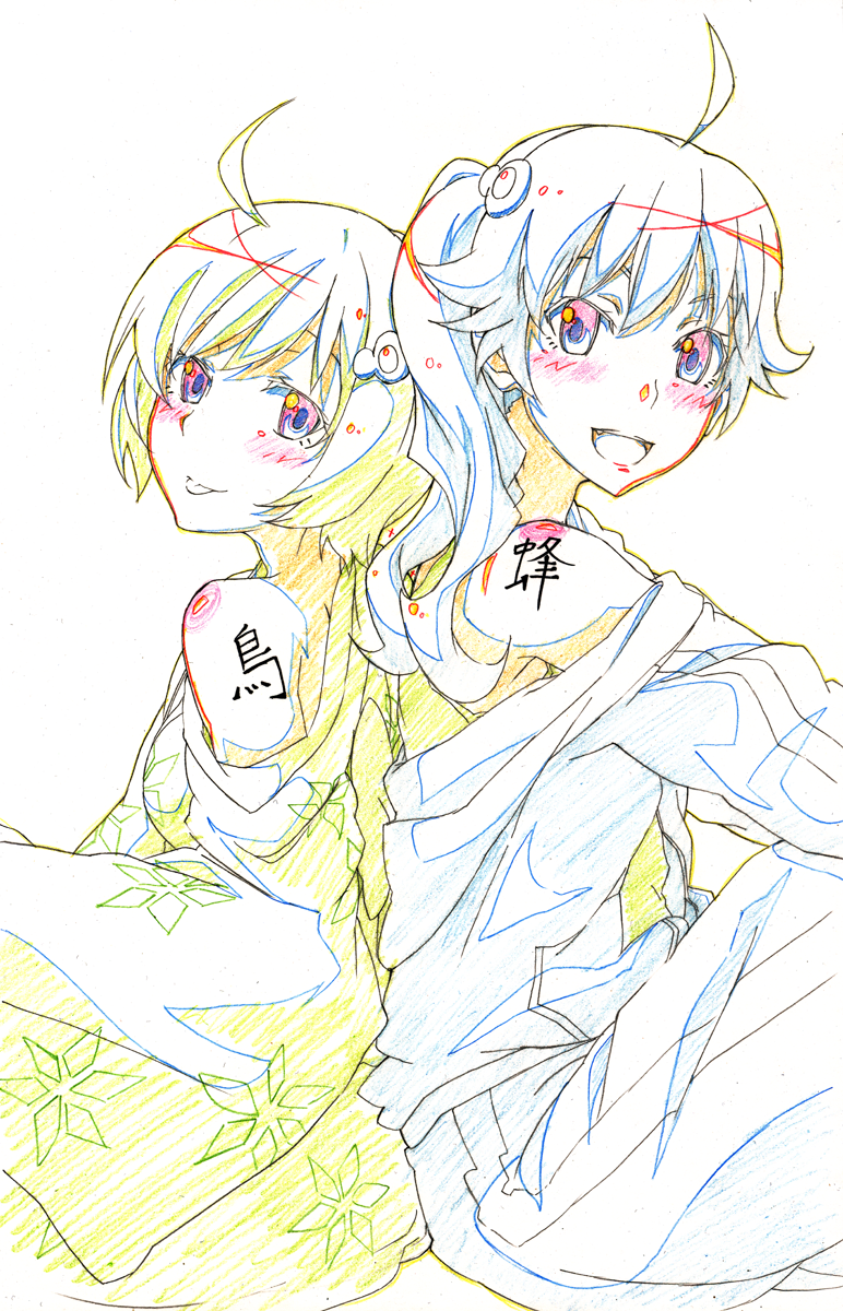 araragi karen and araragi tsukihi (monogatari and 2 more) drawn by yataneko_(echigo)