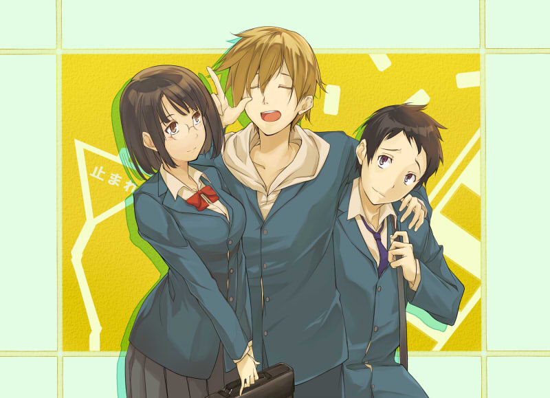 sonohara anri, ryuugamine mikado, and kida masaomi (durarara!!) drawn by naha78