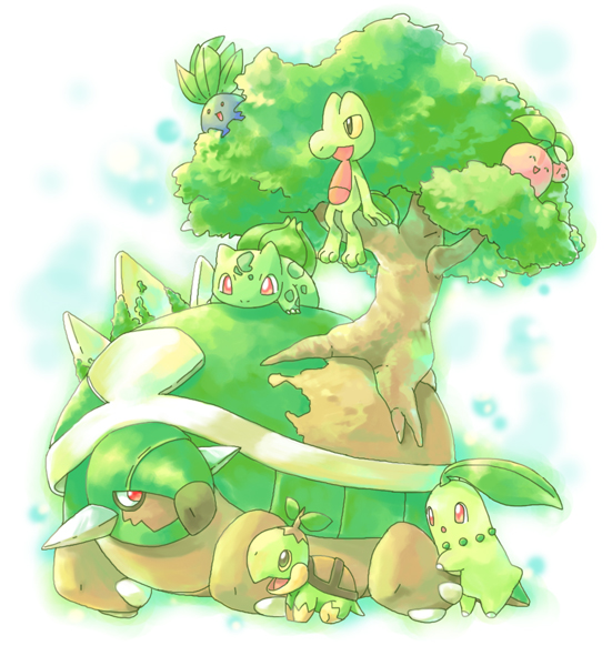 bulbasaur, chikorita, treecko, turtwig, oddish, and 2 more (pokemon) drawn by d-nezumi