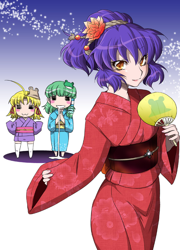 kochiya sanae, moriya suwako, and yasaka kanako (touhou) drawn by aku_(dejigiga)
