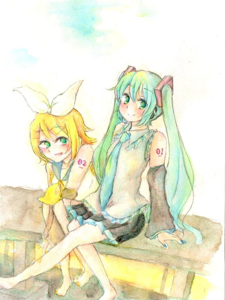 hatsune miku and kagamine rin (vocaloid) drawn by mary_(jun'ichi)