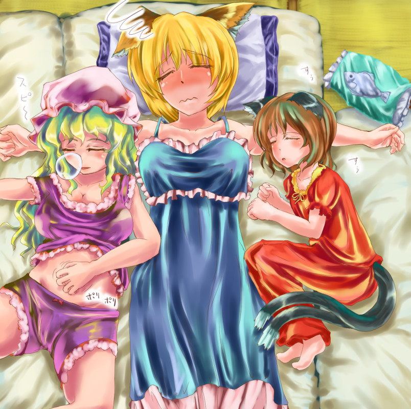 yakumo yukari, yakumo ran, and chen (touhou) drawn by sayuu_hanten