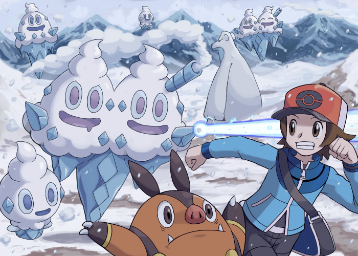 hilbert, vanillite, pignite, vanilluxe, vanillish, and 1 more (pokemon and 1 more) drawn by pokemoa