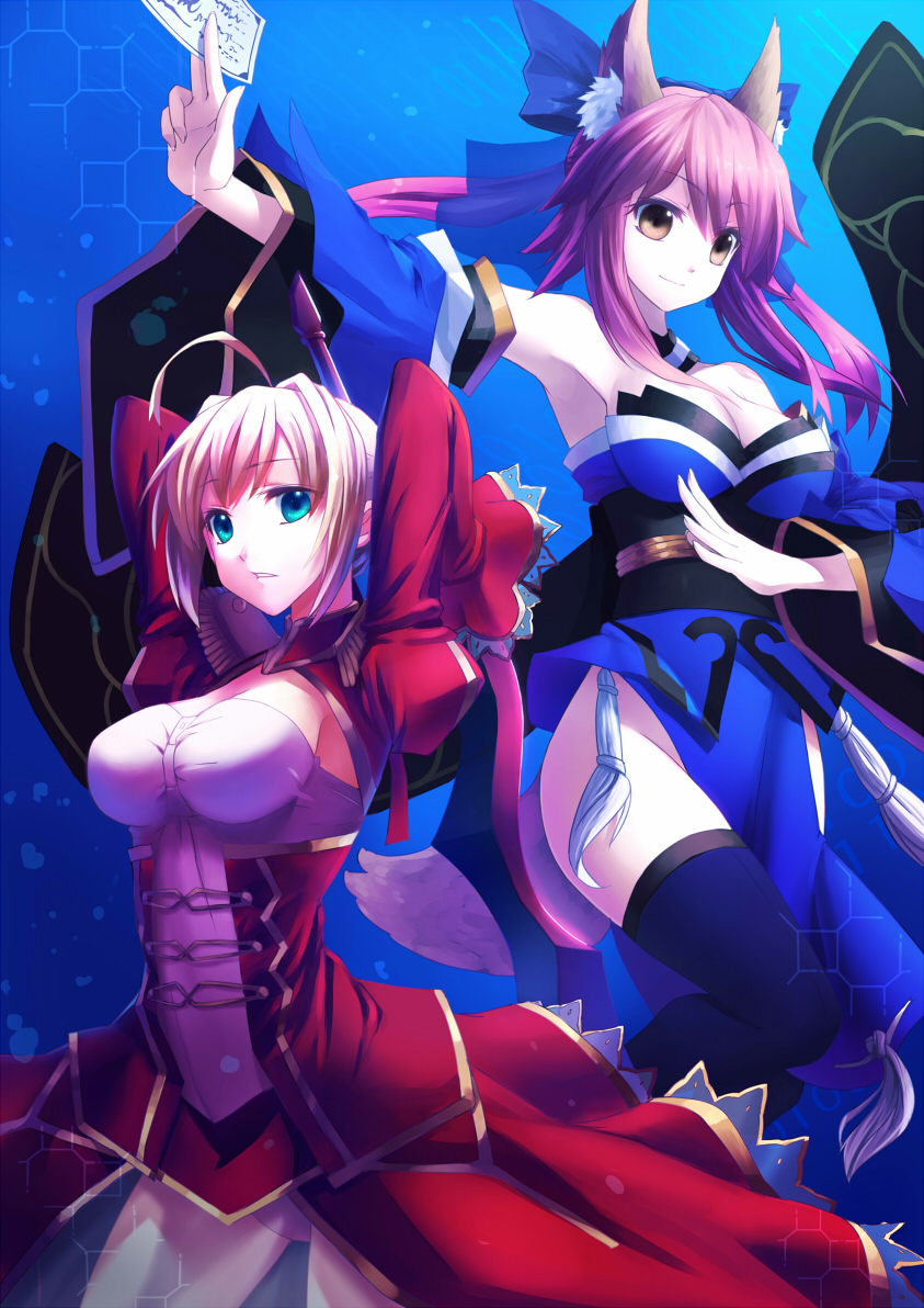 tamamo, nero claudius, and tamamo no mae (fate and 1 more) drawn by pen_(steelleets)