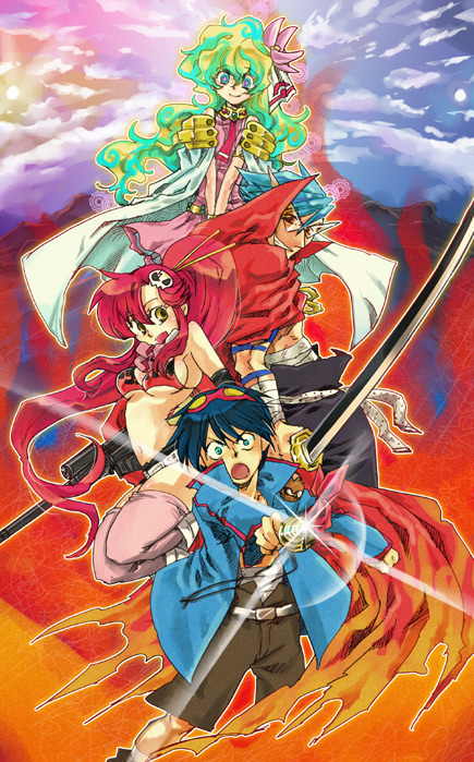 yoko littner, nia teppelin, simon, and kamina (tengen toppa gurren lagann) drawn by hoshino_hitsuki