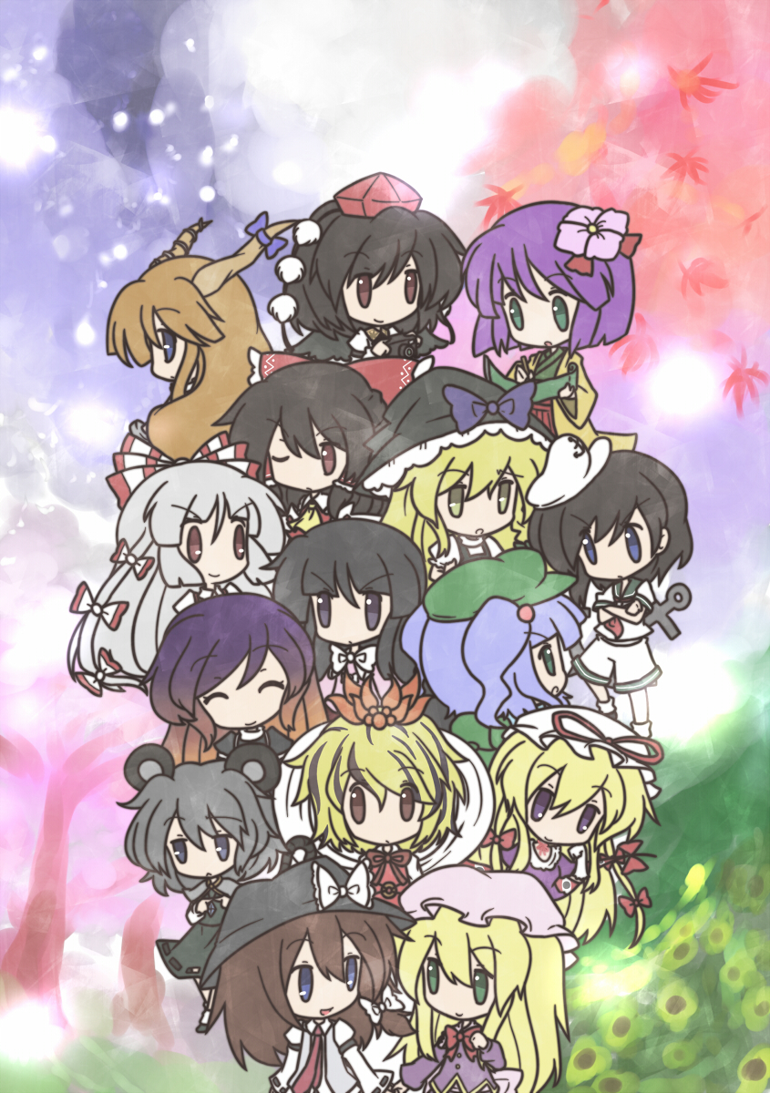 hakurei reimu, kirisame marisa, yakumo yukari, shameimaru aya, fujiwara no mokou, and 10 more (touhou) drawn by fushigi_ebi