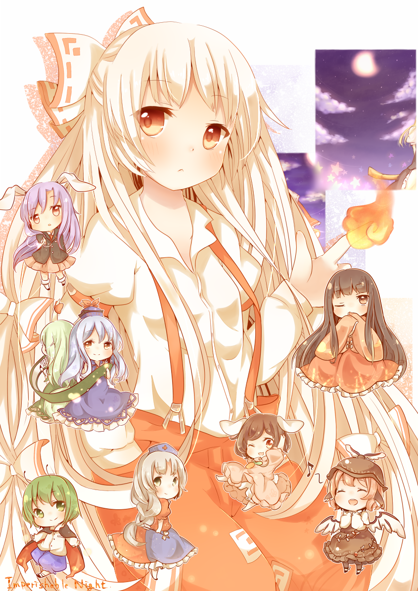 fujiwara no mokou, kamishirasawa keine, houraisan kaguya, mystia lorelei, inaba tewi, and 3 more (touhou and 1 more) drawn by toadstool_(natadekoko)