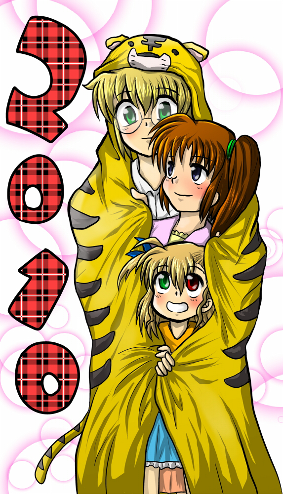 takamachi nanoha, vivio, and yuuno scrya (lyrical nanoha and 1 more) drawn by enokuma_uuta