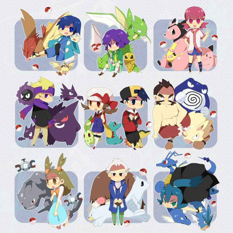 ethan, lyra, gengar, cyndaquil, chikorita, and 28 more (pokemon and 1 more) drawn by juukyuu_mame